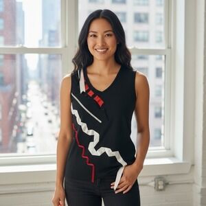 Asymmetrical V-Neck Ribbon Tank Top Womens S Black Avant-Garde Edgy Gothic Artsy